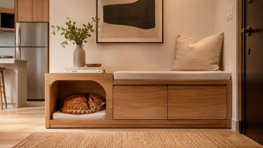 Modern storage bench with a hidden cat bed compartment in a small apartment