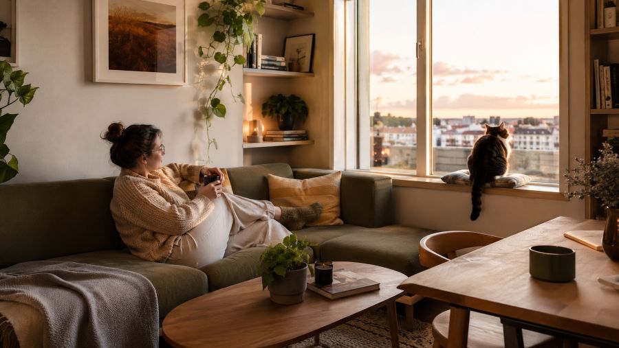 Owner relaxing with a content cat in a tidy, well-designed small apartment