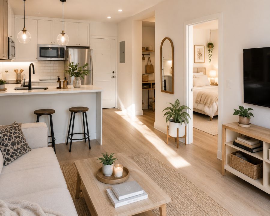 Clean and organized small apartment with minimal clutter and fresh, bright spaces
