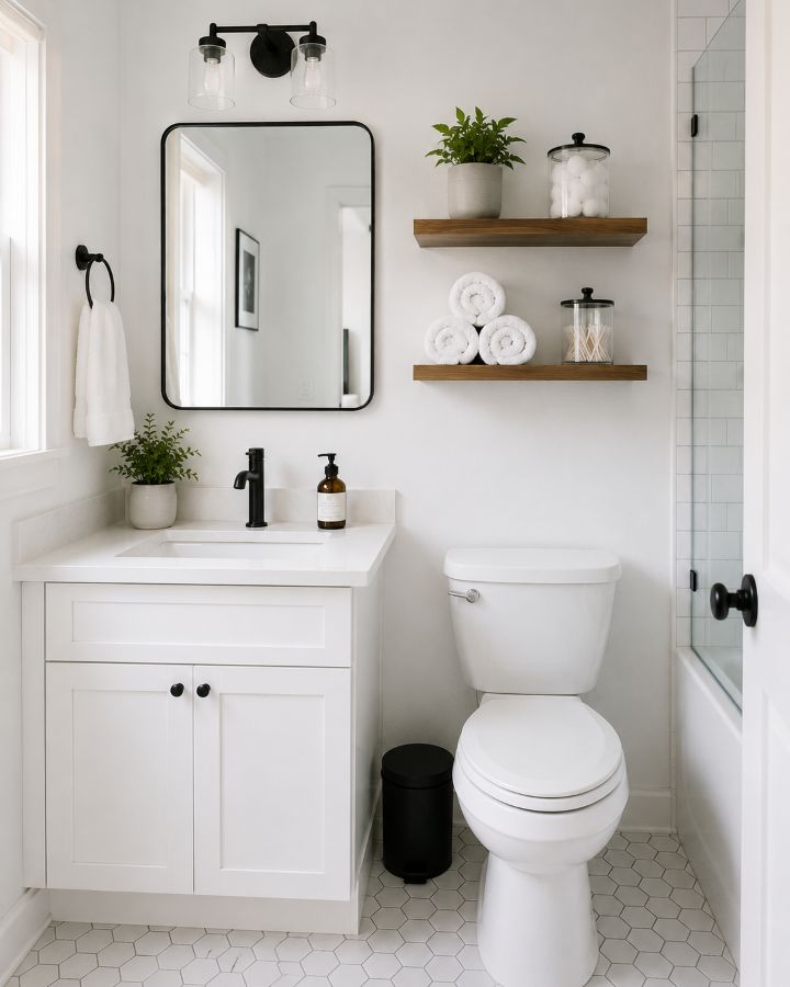 Clean small apartment bathroom with organized supplies and spotless surfaces