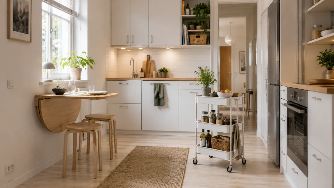 Compact kitchen with a drop-leaf dining table and a rolling storage trolley