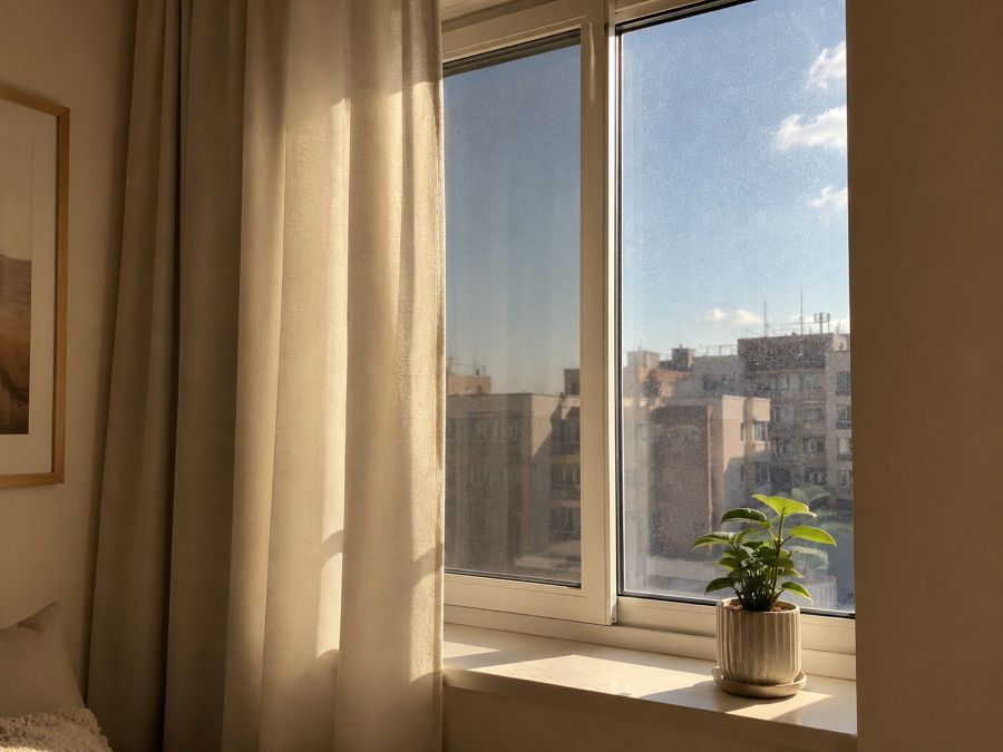 Thermal blackout curtains and reflective film blocking afternoon sun at an apartment window