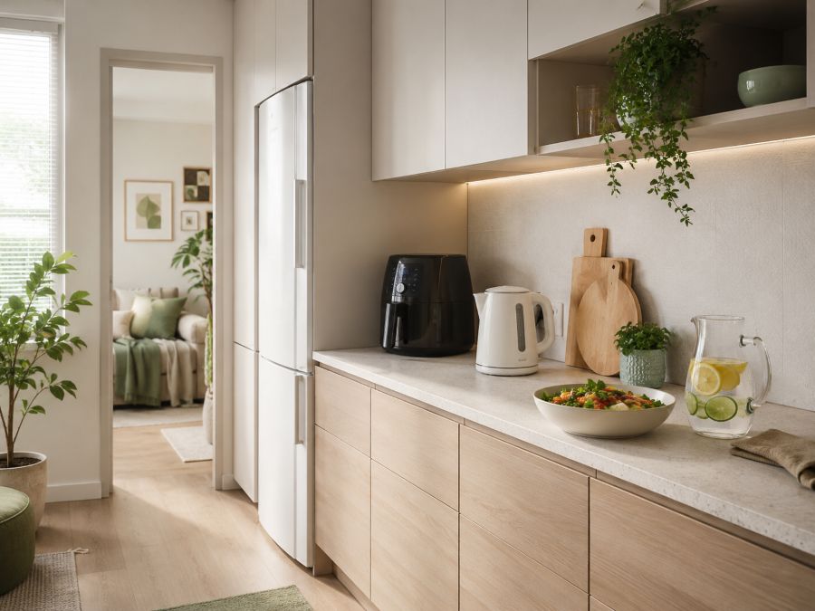 Compact kitchen with low-heat appliances and a fresh cold meal during summer