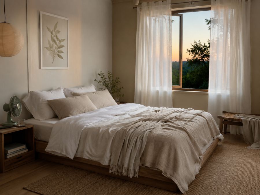 Cool summer bedroom with breathable linen bedding, a bedside fan, and an open window at dusk