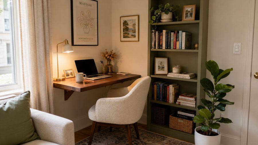 Personal corner nook carved out for one partner in a small shared apartment
