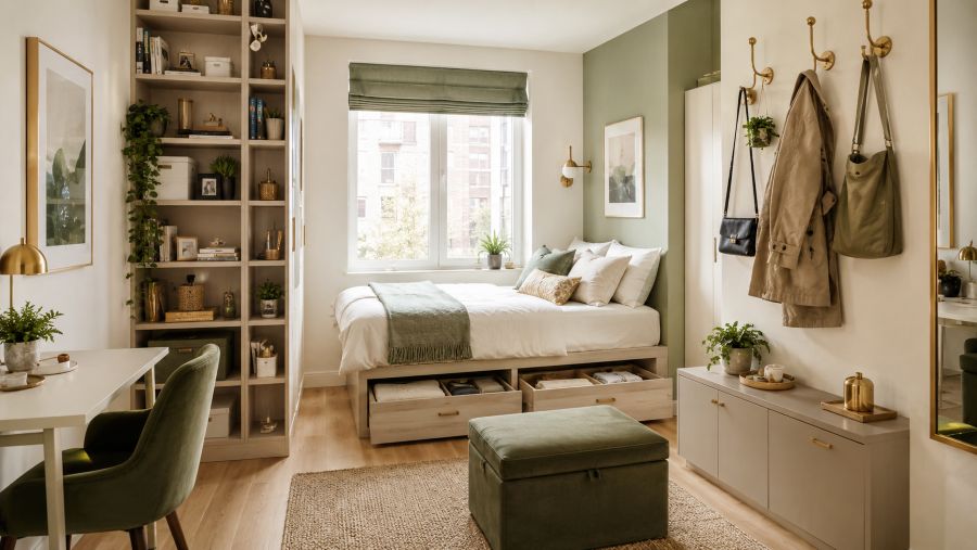 Vertical and hidden storage solutions in a small couple's apartment