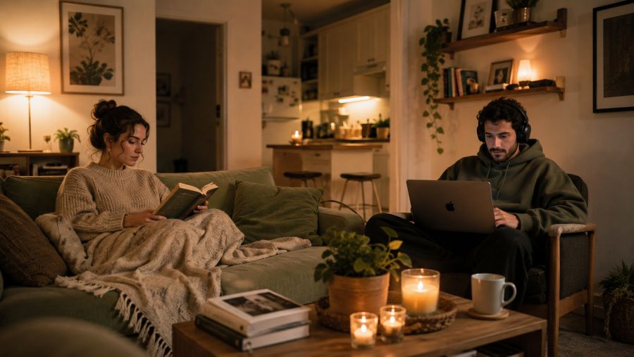 A couple comfortably coexisting and relaxing in a tidy small apartment in the evening