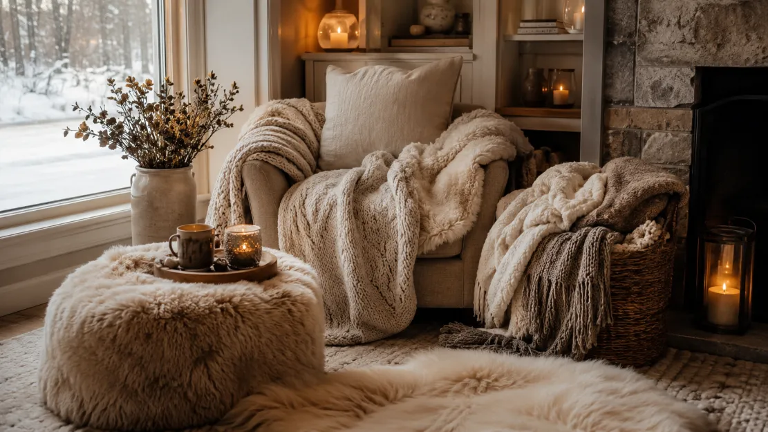 A cozy corner layered with a thick rug, throws, and blankets for winter warmth