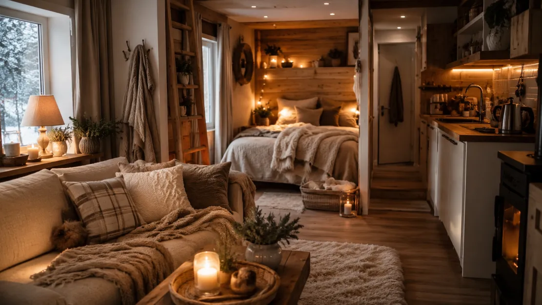 A cozy, warm compact home in winter with throws, rugs, and soft warm lighting