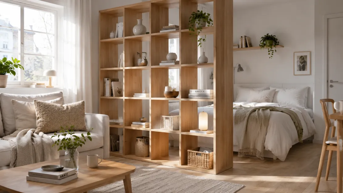 Open cube shelving used as a freestanding room divider in an open-plan compact home