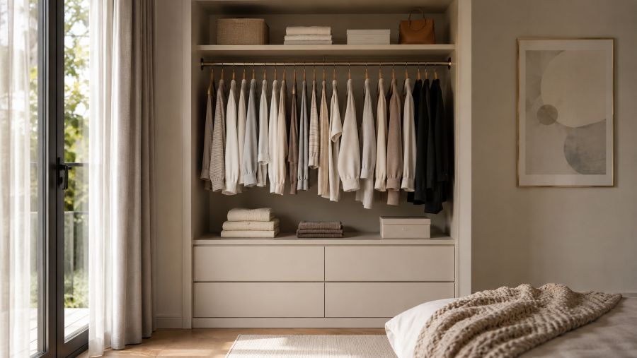 Minimalist small closet with organized hanging clothes and folded items on shelves. Clean, bright space with neutral colors. Professional organization photography.