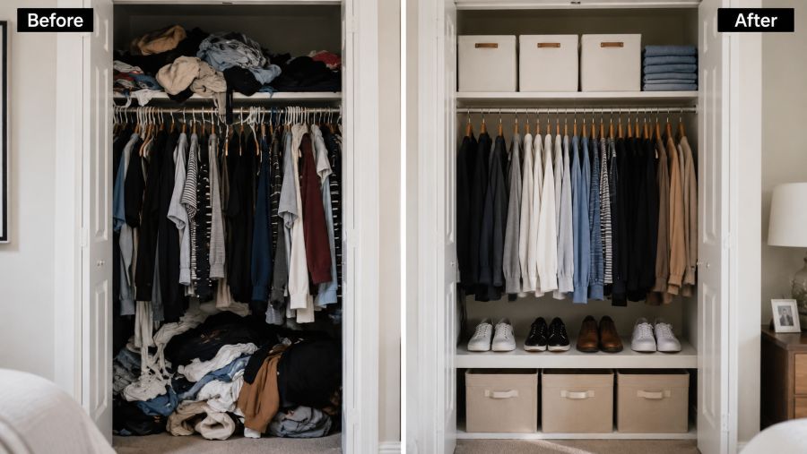 Before and after comparison of a small closet: messy overcrowded left side with clothes overflowing, organized right side with color-coordinated items neatly arranged. Split-screen display.