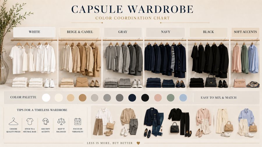 Capsule wardrobe color coordination chart showing neutral basics (white, black, gray, beige) with accent colors. Items displayed flat-lay style showing how pieces coordinate together.
