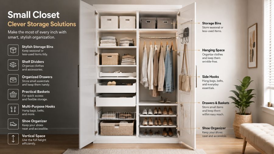Small closet with clever storage solutions: vertical shoe organizer, shelf dividers, drawer compartments, hanging storage on back of door, and folded items displayed vertically. Well-lit space.