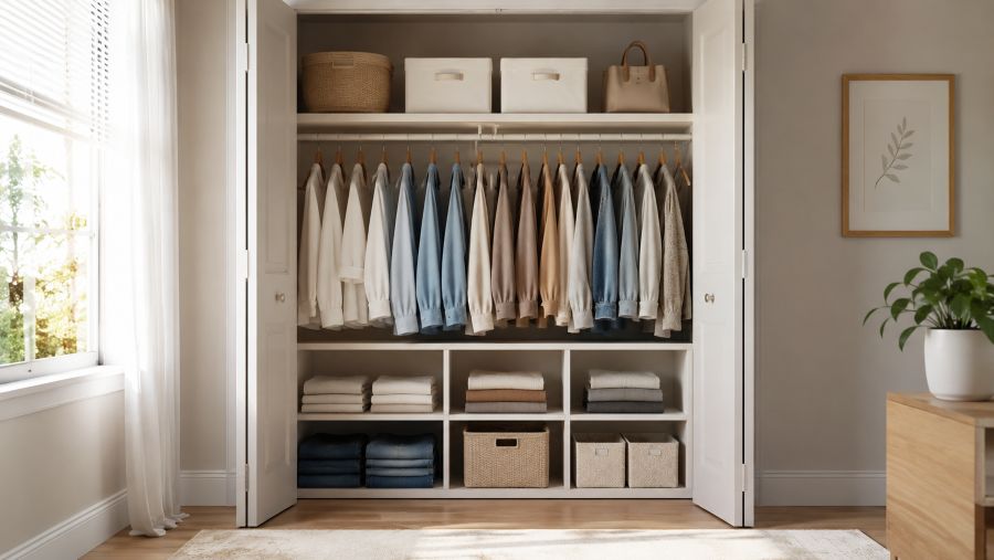 Tidy small closet interior after successful decluttering. Clean hangers with space between items, organized shelves with folded items, visible floor space, soft warm lighting, serene organized aesthetic.
