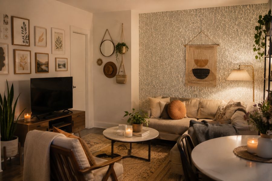 Beautifully decorated rental apartment with removable decorations and minimal wall damage