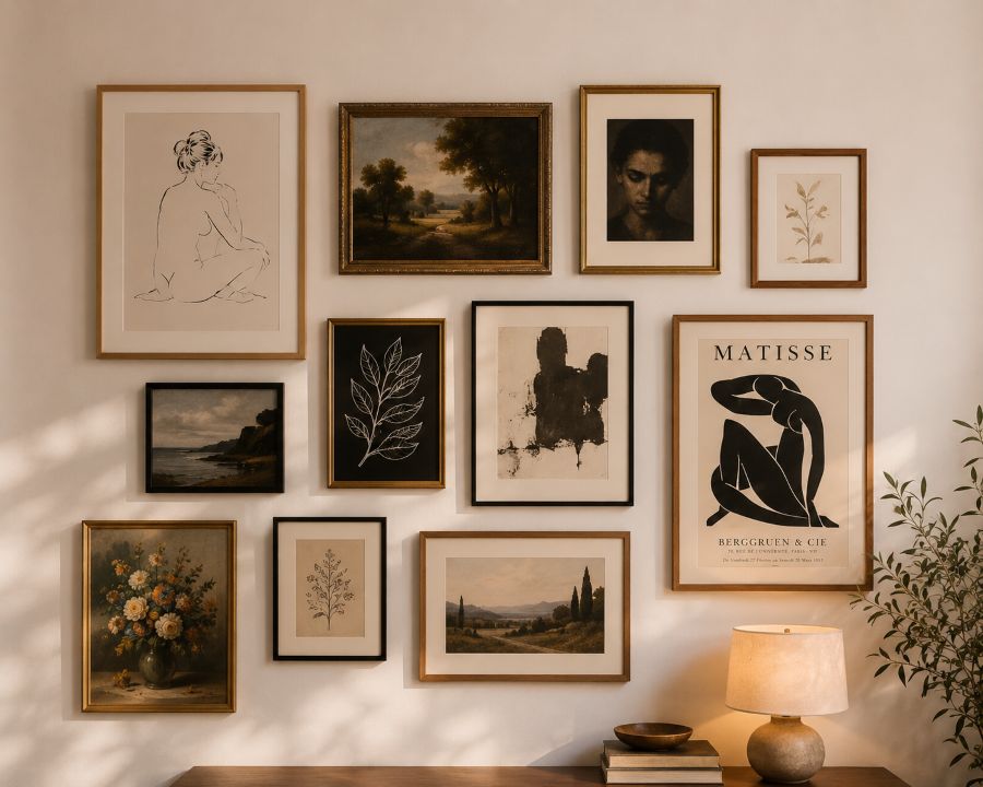 Gallery wall created with adhesive strips holding various sized artwork without wall damage
