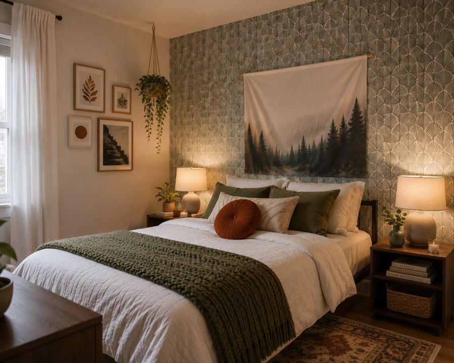 Rental bedroom with removable wallpaper accent wall and fabric wall hangings
