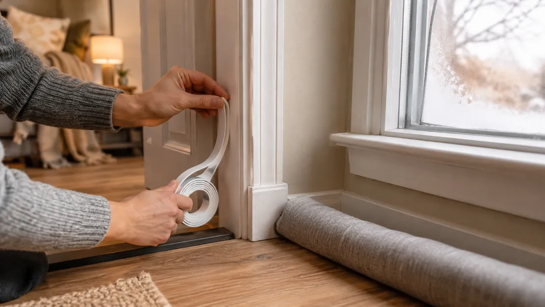 Applying weatherstripping and a draft stopper to seal gaps around a door and window