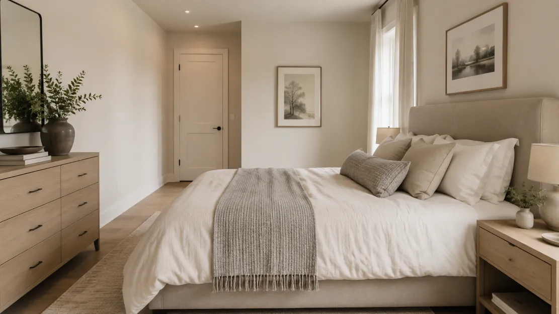 Bed placed in the commanding position with a clear view of the door in a calm small bedroom