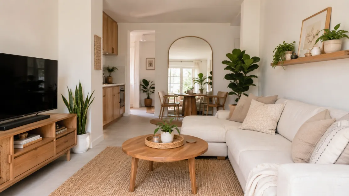 Bright small living space with plants, natural light, and a mirror expanding the room