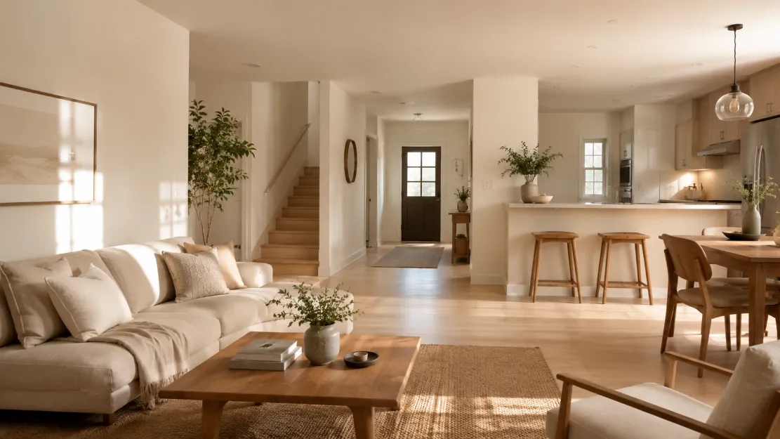 Calm, decluttered small home with soft light, plants, and an open, balanced layout