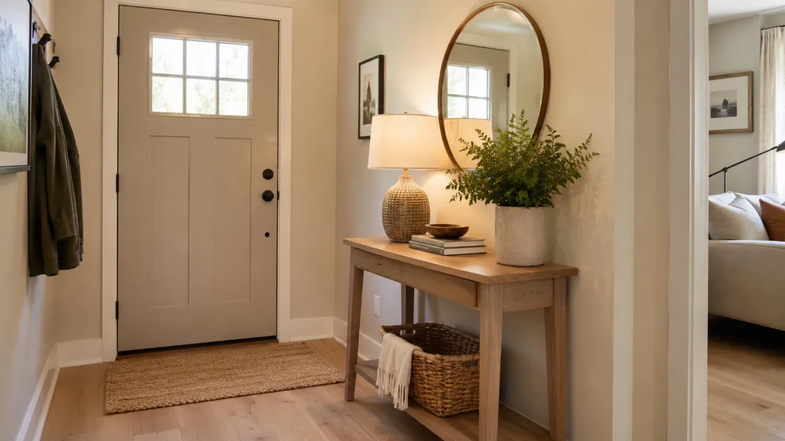 A welcoming, clear entryway in a compact home with a console, lamp, plant, and a nearby mirror