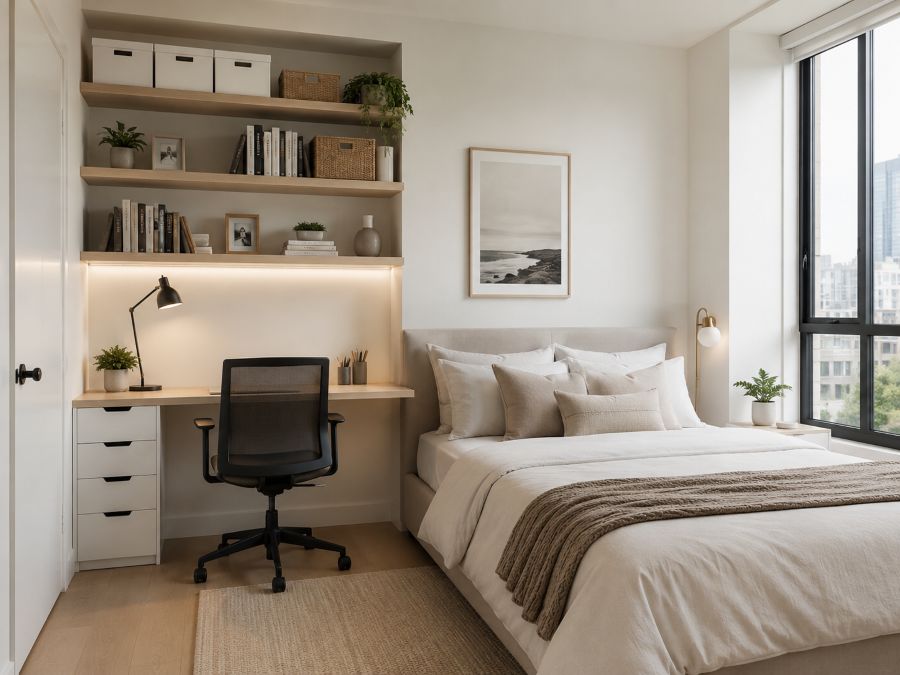 Floating shelves installed above desk area in small bedroom, creating workspace with built-in storage and organization