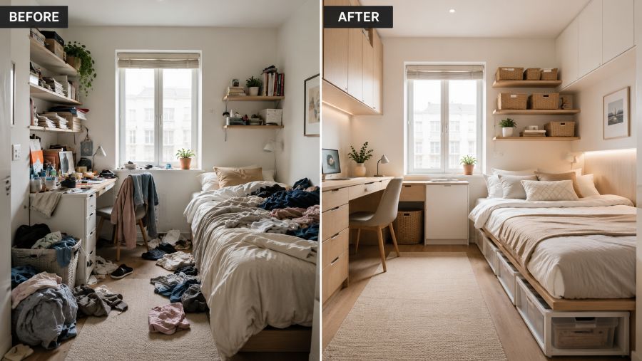 Hidden storage solutions for small apartments with built-in shelving and under-bed organization