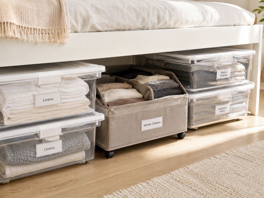 Under-bed storage containers and rolling organizers for small bedroom spaces