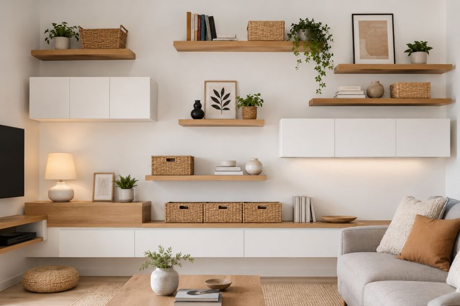 Modern wall-mounted floating shelves and cabinets with hidden storage baskets in contemporary small apartment