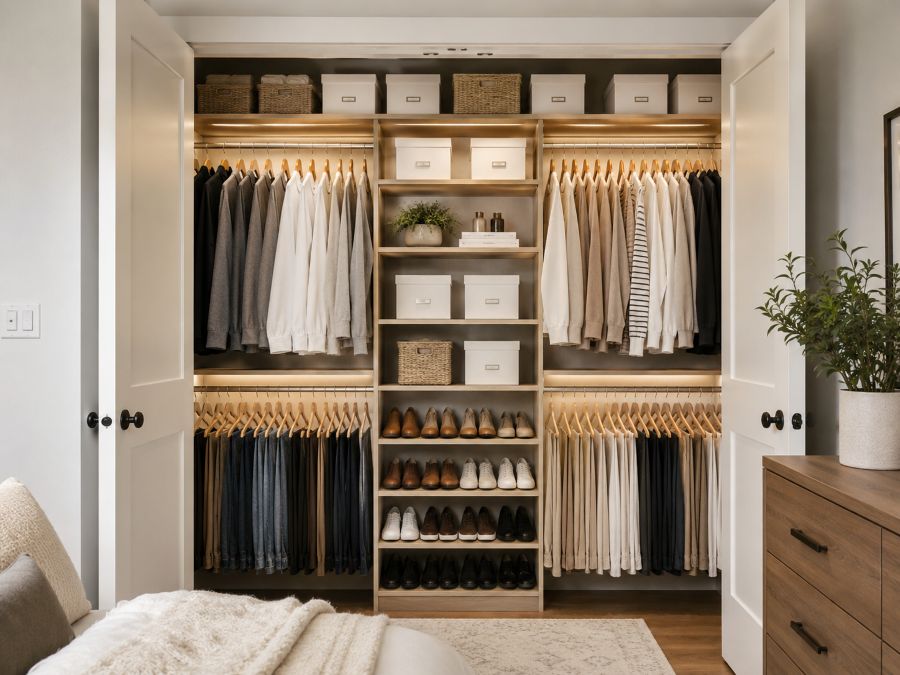 Well-organized vertical closet system with double hanging rods, shelves and storage boxes