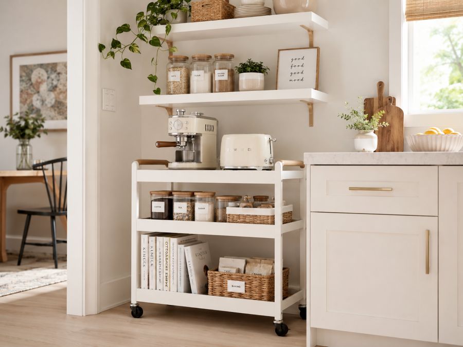 Modern rolling storage cart and modular wall-mounted shelving units maximizing small space organization