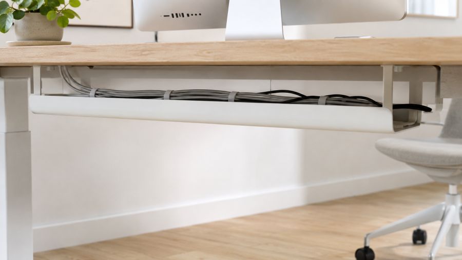 Tidy desk with cables routed through an under-desk cable management tray