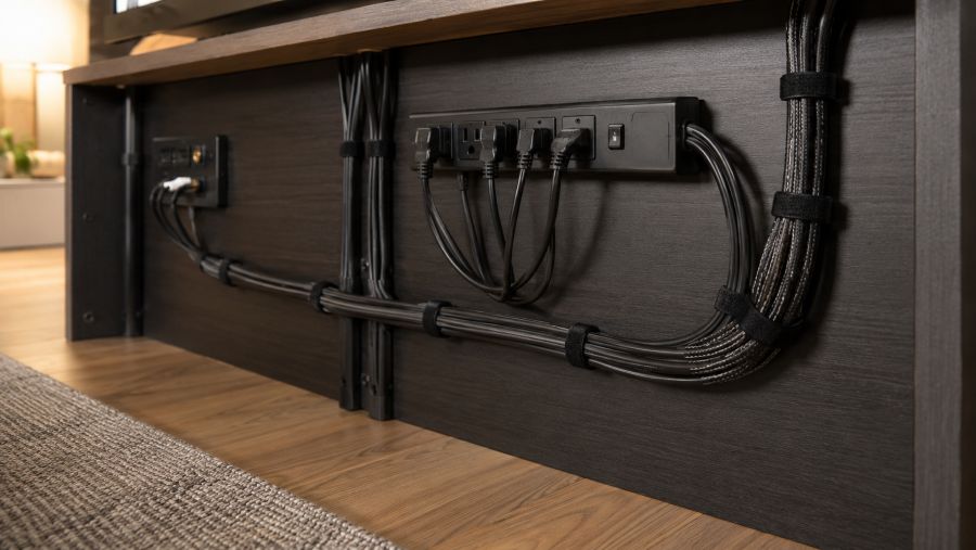 Cables neatly bundled and routed behind a media console with a mounted power strip