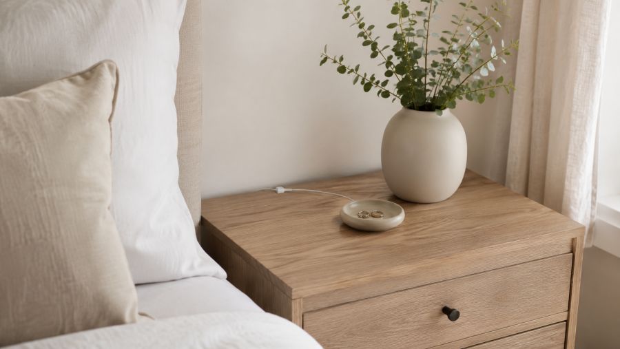 Small bedroom nightstand with a single discreetly clipped charging cable