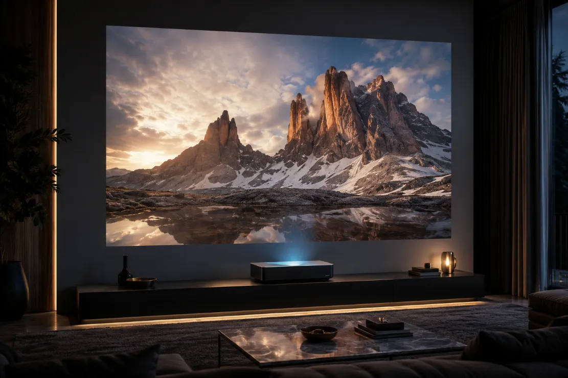 Ultra-short-throw projector beneath a large projected cinema image on a wall