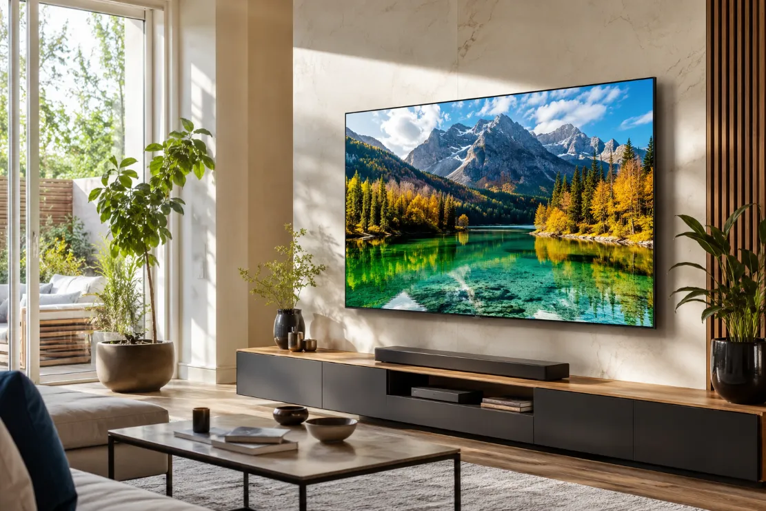 Large premium TV on a feature wall in a bright daylight living room