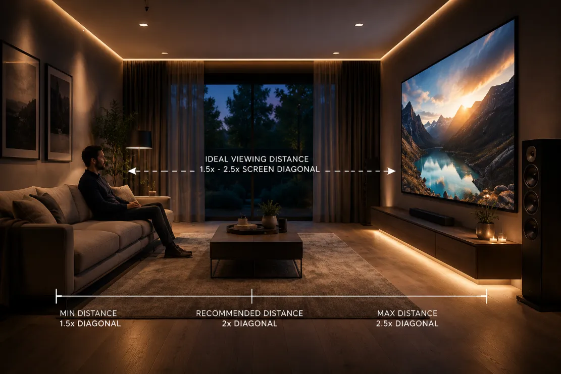 Living room layout showing comfortable seating distance from a large screen