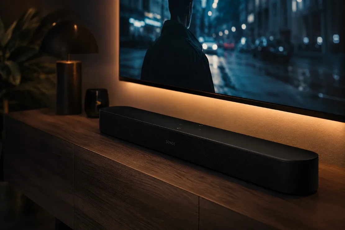 Soundbar beneath a glowing screen in a cozy dim home cinema