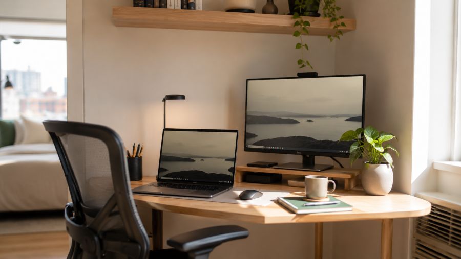Compact corner desk with laptop, monitor riser, and tidy accessories in soft side light