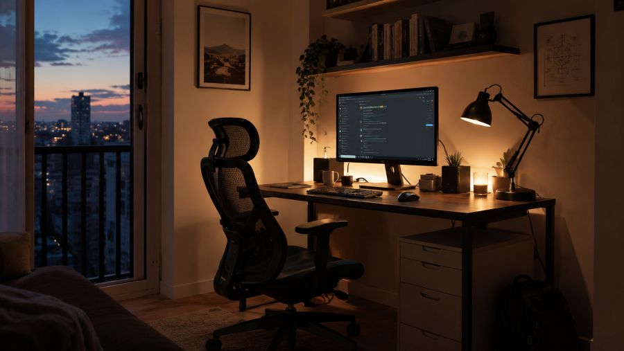 Home office corner at dusk with a desk lamp and soft ambient lighting around the screen