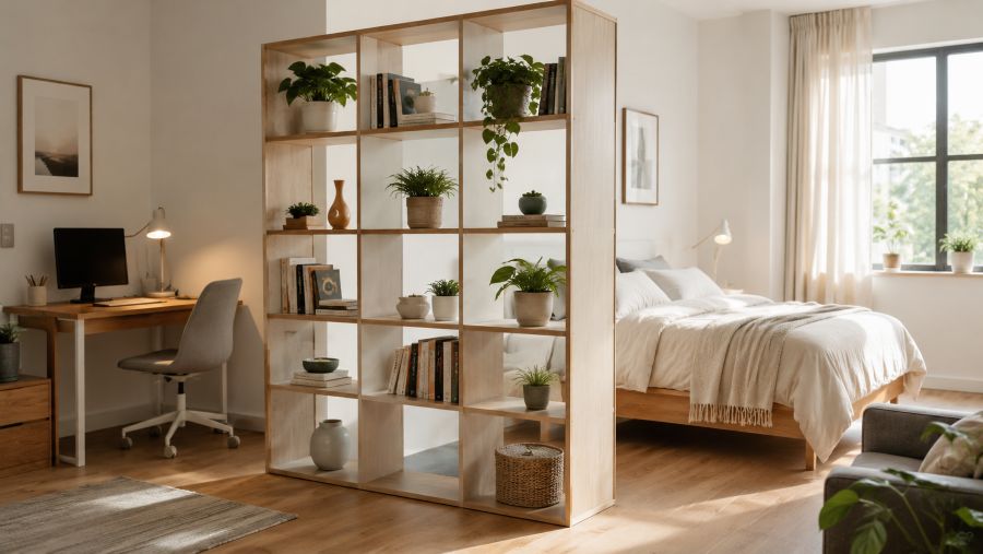 Open bookshelf used as a divider between an office corner and a sleeping area in a studio
