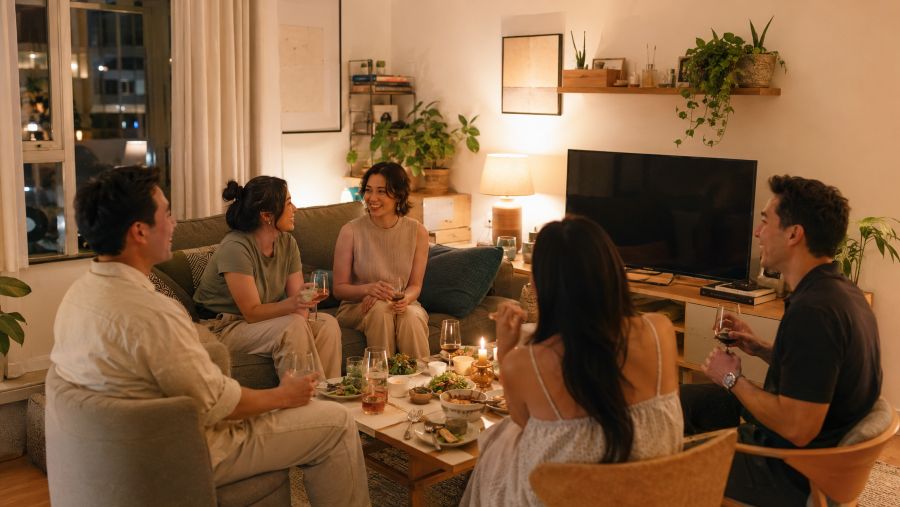 Friends relaxing during a small dinner gathering in a cozy, uncluttered apartment