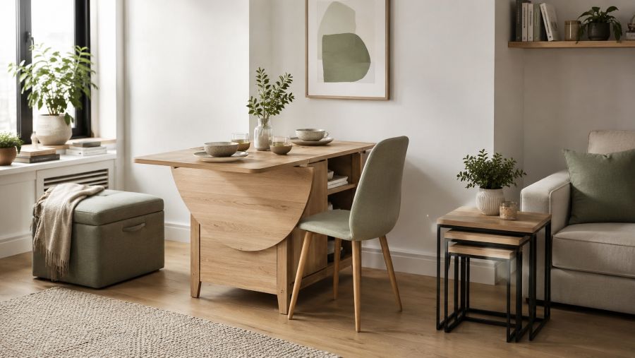 Folding table, storage ottoman, and nesting tables arranged in a small apartment