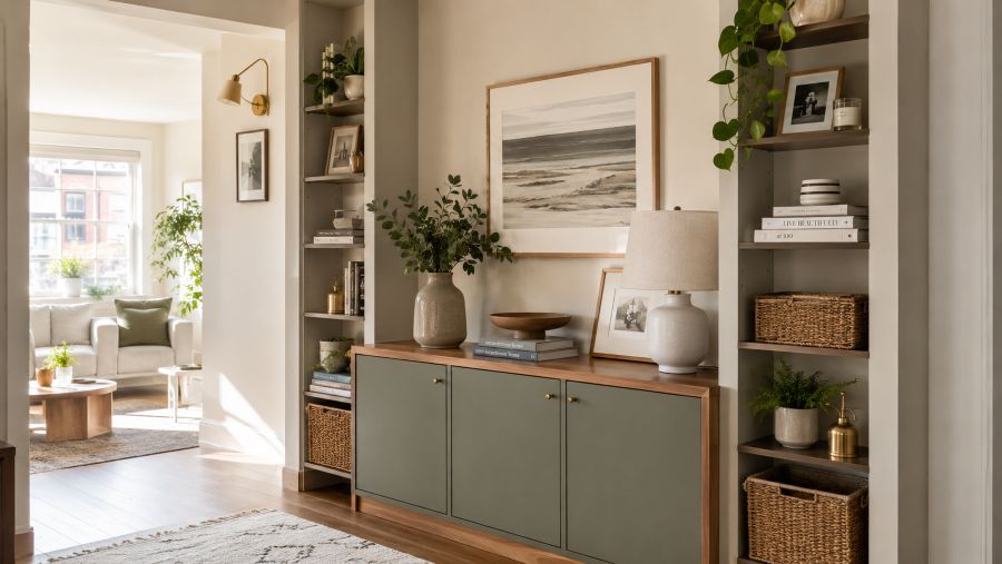 Tall slim shelving and a styled console with hidden storage in a small apartment