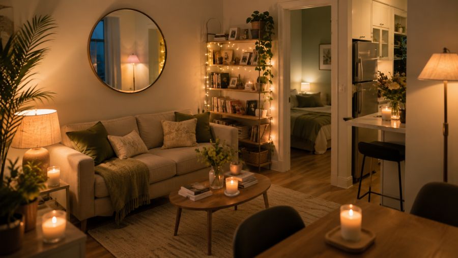 Layered warm lighting with lamps, candles, and string lights in a cozy small apartment