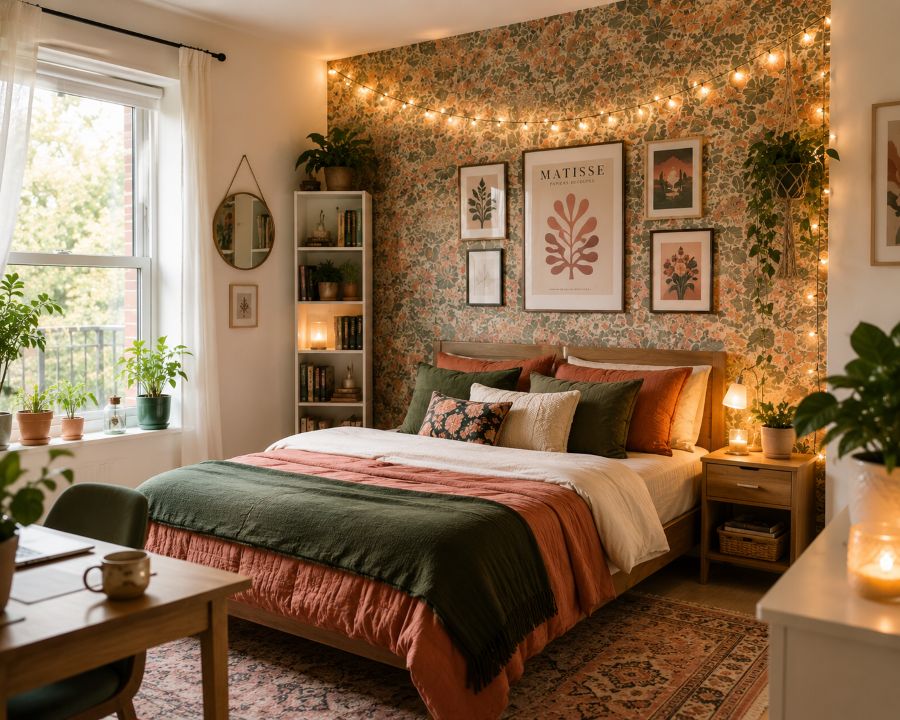 Personalized rental apartment with removable wallpaper, colorful textiles, artwork, and plants creating warm, welcoming home environment