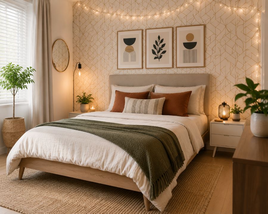 Rental bedroom accent wall with removable geometric wallpaper pattern, neutral furnishings, artwork, and warm lighting creating sophisticated space