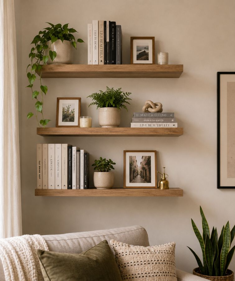 Rental apartment wall with damage-free floating shelves displaying books, plants, decorative items, creating organized display without wall damage